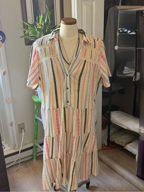 Maeve Striped Tiered Shirt Dress in Pink, Blue, Green